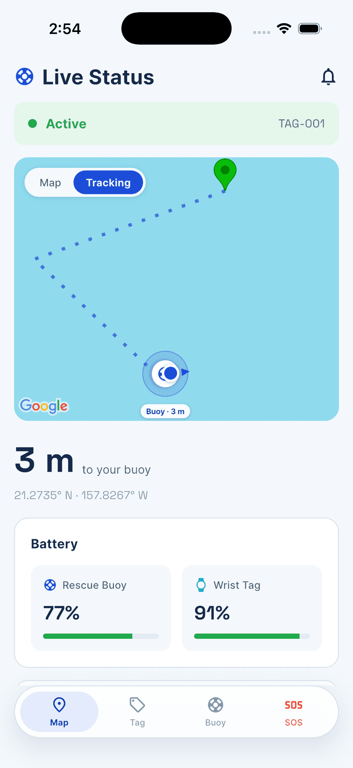 The Aquvix app tracking a swim, with the buoy three metres away and its path trailing behind it.